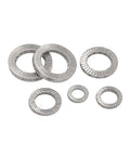 Premium Double Deck Wedge Lock Washers Built Tough To Keep Your Bolts Dead Tight Under Heavy Loads. Stainless steel set.