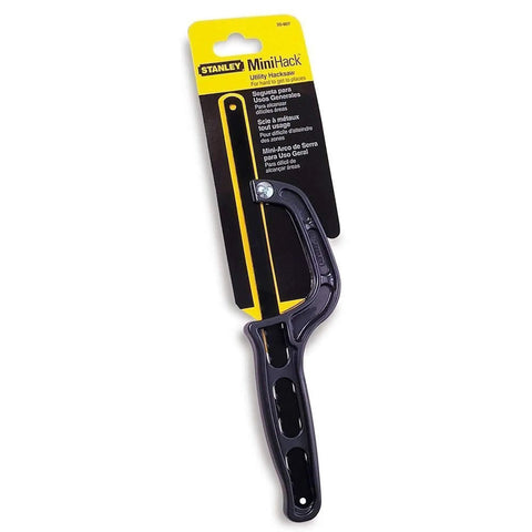 Light Duty 10 Inch Mini Hacksaw With One Handed Grip And Thumb Rest Ergonomic Handle packaged with yellow label.