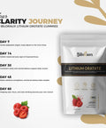 Lithium Orotate Gummies With 5 Mg Microdose For Chill Focus And Everyday Balance Natural Raspberry Flavor 90 Vegan Gummies Non GMO Third Party Tested Premium package with raspberries, day-by-day focus and balance benefits chart.