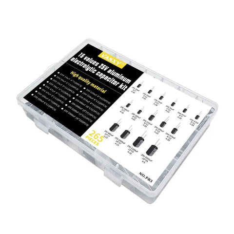 Massive 265 Piece 25V Aluminum Electrolytic Capacitor Kit With 15 Values From 10uF To 3300uF for Electronics Projects in case