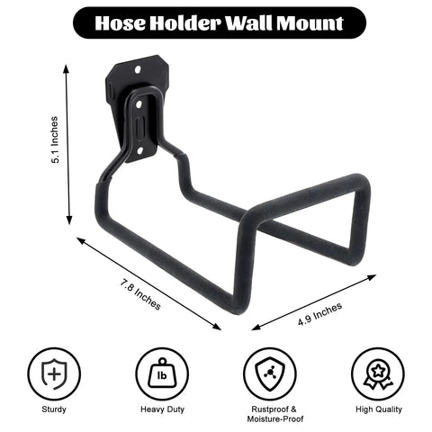 Two Pack Garden Hose Holder And Wall Mounted Hose Reel showing sturdy black metal design with dimensions labeled, for indoor outdoor use.