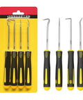 Front view of 4-piece precision pick and hook tool set with black/yellow non-slip handles and steel shafts.