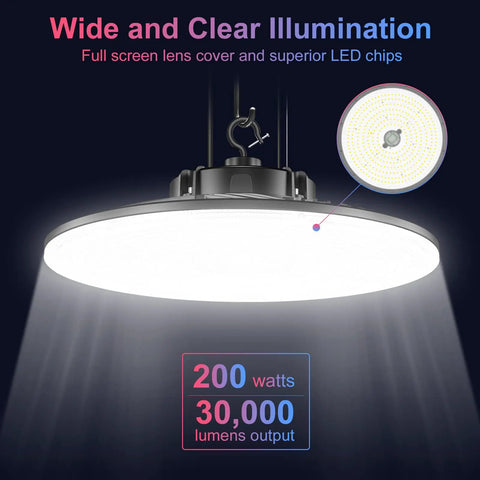 UFO LED High Bay Light 200W Dimmable Warehouse Shop Light 30000 Lumens 5000K Daylight White emitting bright light
