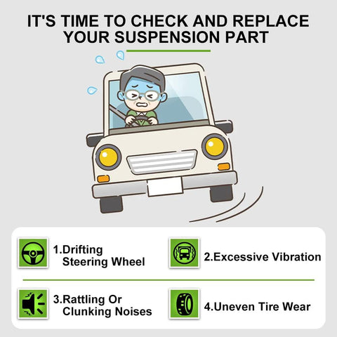 Automotive suspension kit infographic: front view cartoon car; steering drift, vibration, rattling noises, uneven tire wear.