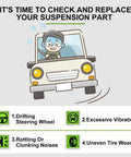 SCITOO 8pc suspension kit infographic; car with four suspension symptoms: drifting wheel, vibration, rattling noises, uneven tire wear