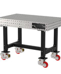 Shop Ready Heavy Duty Welding Fixture Table With Precision Laser Cut Grid Holes And Smooth Rolling Locking Casters For Zero Fuss Fabrication Rigs 48X30X36 with sturdy steel frame and locking casters.