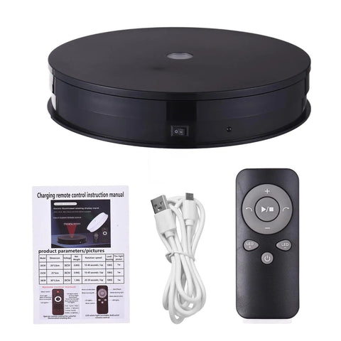 Smooth Mingzhe Motorized Rotate Display Stand With Led Lighting And Remote For Photo Shoots Shows That Handle Up To 10kg With Ultra Quiet Performance, black unit with remote and instructions.