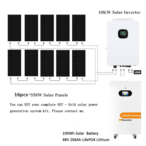 Heavy Duty Plug And Play Solar Powerhouse With 21Kwh LiFePO4 Battery And 16 Bifacial Panels showing solar inverter and battery setup.