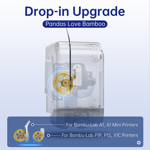 Panda Claw Upgraded Brass Extruder Gear With Golden RNC Nano Coating for Bambu-Lab P1P Printer, shown in clear casing.