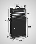 Rolling Garage Tool Organizer With Detachable Three Drawer Chest Large Storage Cabinet And Adjustable Shelf Black Heavy Duty Steel Built For Quick Portable Workshop Organization shown with dimensions.