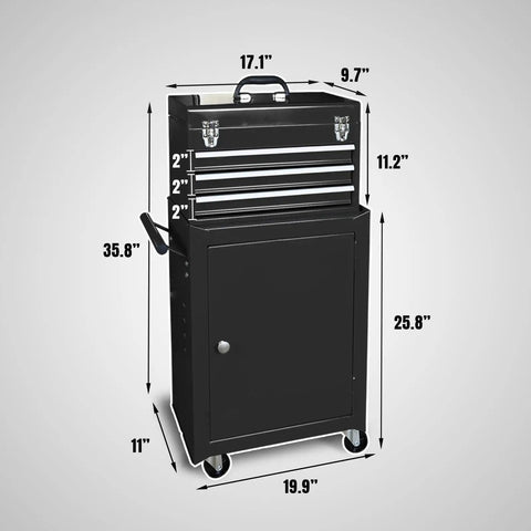 Rolling Garage Tool Organizer With Detachable Three Drawer Chest Large Storage Cabinet And Adjustable Shelf Black Heavy Duty Steel Built For Quick Portable Workshop Organization shown with dimensions.