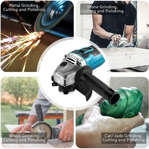 Rock Solid Electric Angle Grinder Tearing Through Metal And Wood With Knockout Torque And Adjustable Safety Guard For Smooth Cutting Grinding Polishing Plus Deep Grip Auxiliary Handle In Classic Blue Black used for various grinding applications.