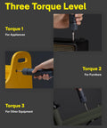 Workhorse Cordless Electric Screwdriver Kit showing three torque levels for appliances, furniture, and equipment