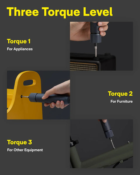Workhorse Cordless Electric Screwdriver Kit showing three torque levels for appliances, furniture, and equipment