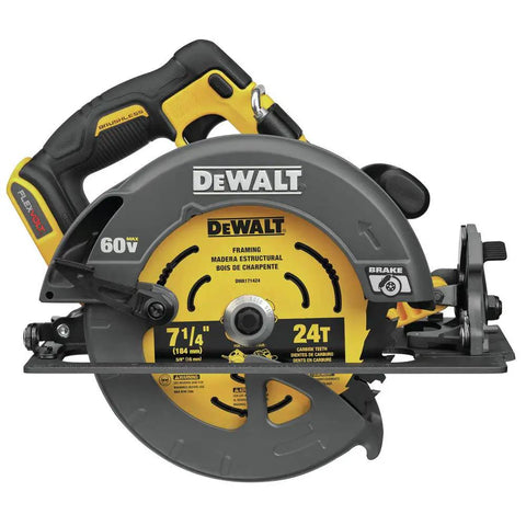 Flexvolt 60V Max Cordless Circular Saw With Brake 7-1/4 Inch, Tool Only, side view showing blade and handle.