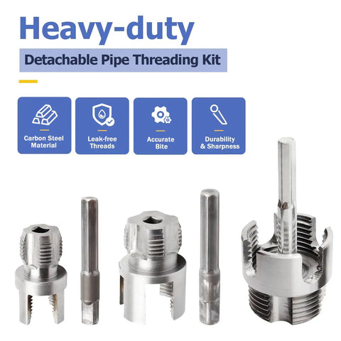 Mesee 3 Piece Pipe Threading Tool Kit With Internal External Tube Thread Cutter For 1/2 Inch 3/4 Inch And 1 Inch PVC Pipes featuring carbon steel tools for accurate threading.