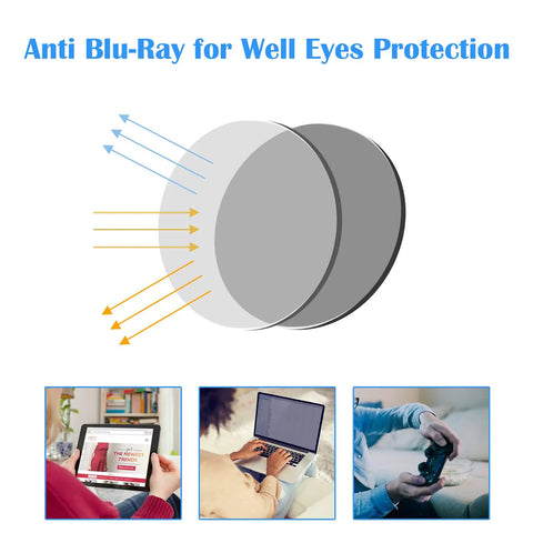Illustration of blue light blocking with images showing use of Three Pack Anti Fog Safety Goggles With Side Shields For Women And Men Clear Lenses Protective Eyewear Scratch Resistant Dust Pollen Blue Light Blocking Ideal For Woodworking Metalworking Construction And Lab Work Blue Tortoise Black