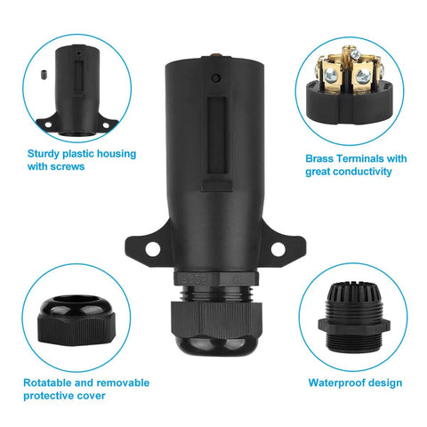7 Pin Trailer Plug With Waterproof Seal 7 Way Round RV Style Wiring Replacement Plug Adapter shown with brass terminals and protective cover