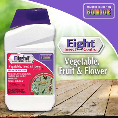 Eight Insect Control For Vegetables Fruits And Flowers 32 Oz Concentrate bottle with label on wooden surface
