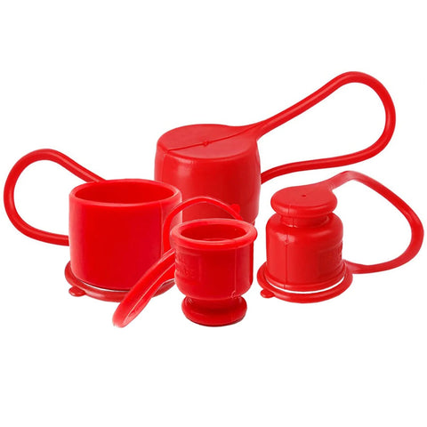Red plastic dust caps and plugs for 1/2-inch flat-face hydraulic quick-connect couplers; set of four.