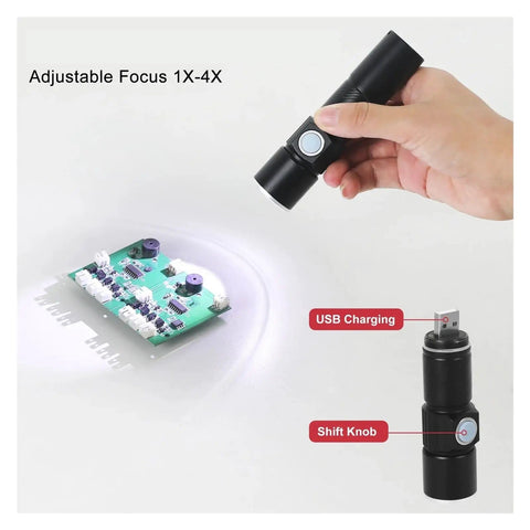 Hand using Pro Soldering Helping Hands Third Arm Tool With 3X Magnifier to illuminate PCB with USB LED flashlight feature