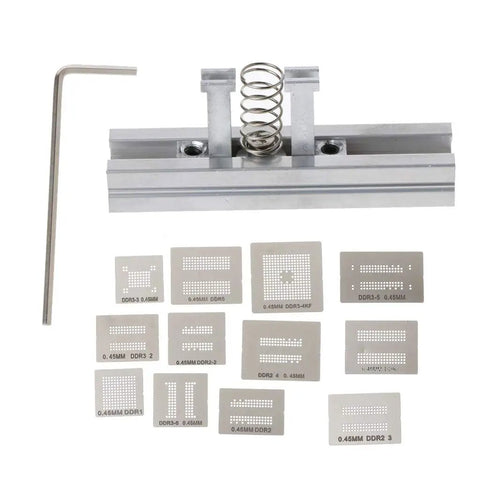 Heavy Duty Universal BGA Reballing Stencil Kit With Solid Metal Holders And Zero Sweat Solder Masks Perfect For DDR1 DDR2 DDR3 Chip Fixes Straight On Your Workbench with steel stencils and spring holder setup.