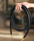 Built Like A Tank Twin Pack Air Compressor Lead Hose 3/8 X 10 Feet held in hand, featuring solid brass fittings and flexible design.
