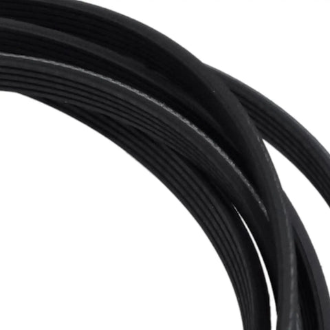 Close-up of Five Rib Dryer Drive Belt Ninety Two And A Half Inch Long By Five Sixteenth Inch Wide Fiber Reinforced Rubber Replacement.