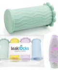 Elastic Toiletry Sleeve Set Keeps Liquids From Leaking In Luggage, Leak Proof Travel Bottle Covers shown in pastel colors.