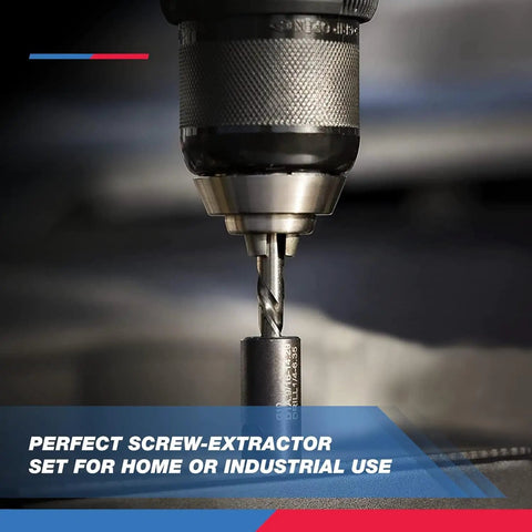 Close-up of Master Screw Extractor Kit with drill bit in use on metal, removing stripped screws and broken bolts.