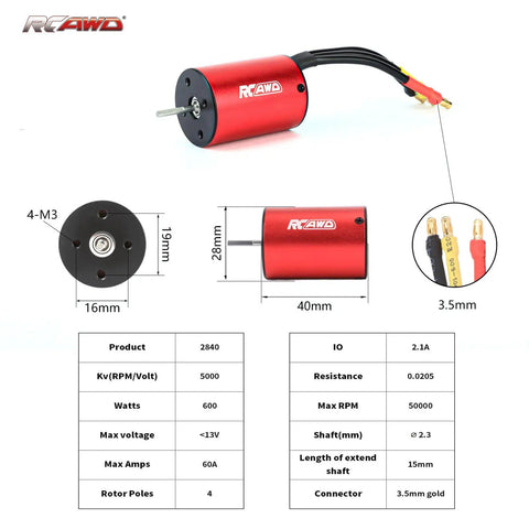 Beefed-Up 4 Channel RC Transmitter Receiver Kit With 2840 Brushless Motor 5000KV showing dimensions and specifications