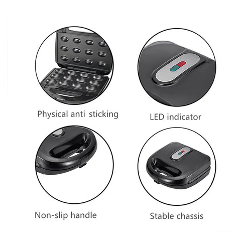Close-up of Beat The Morning Rush With This 10 In 1 Breakfast Maker features: anti-stick plates, LED indicator, cool-touch handle, stable chassis