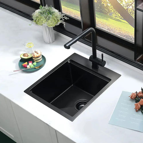 Black kitchen setup with 15 Inch Drop-In Bar Sink Workstation With Solid Wood Cutting Board, 16 Gauge Stainless Steel Single Bowl, Outdoor RV Kitchen Prep Sink For Small Spaces, Durable Stainless Bar Basin With Prep Surface