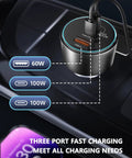 Top Shelf 200W Usb C Car Charger Featuring Dual 100W PD Ports For Super Fast Laptop And Phone Charging Includes Two Heavy Duty Usb C Cables For Your Daily Grind with three charging ports.