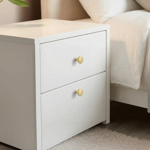 Ten Pack Brushed Gold Drawer Knobs For Cabinets And Dressers, Round Brass Cabinet Hardware Handles on white nightstand