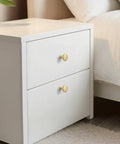 Brushed Brass Gold Mushroom Cabinet Knobs Set 25 Pack Zinc Alloy Drawer Handles For Kitchen Cabinets And Dressers, Rust Resistant, Premium Round Corner Pulls on white bedside table.