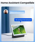 Smart display showing backyard view with voice command interaction, highlighting home assistant compatibility for security camera.