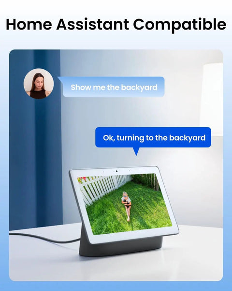Smart display showing backyard view with voice command interaction, highlighting home assistant compatibility for security camera.