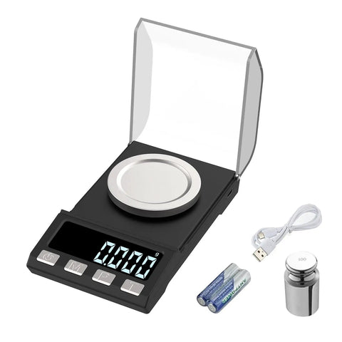 Rechargeable Precision Milligram Scale 0.001g Accuracy, 100g Capacity with USB cable, batteries, and calibration weight