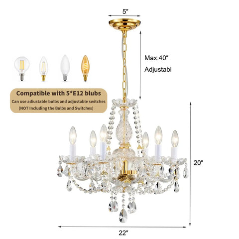 Gold Finish K9 Crystal Chandelier With 6 Lights, French Classic Style Ceiling Fixture