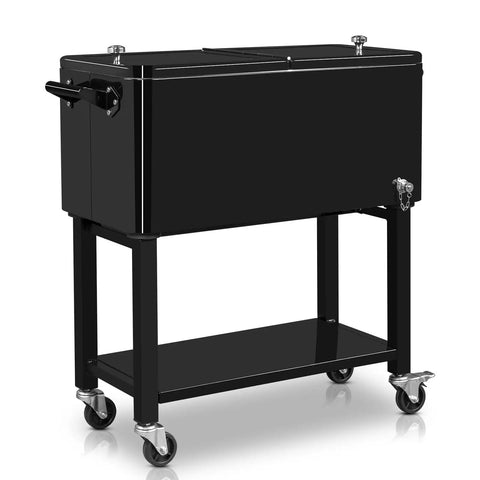 Portable Bar On Wheels With Ice Chest And Built In Shelf For Patio Parties And Backyard BBQs Rolling Cooler Cart With Wheels 80 Qt Beverage Station For Poolside Events Durable Iron And Plastic Construction Classic Black Finish