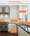 Modern kitchen with labels on window edges, countertop, sink, floor, and corner for waterproof self adhesive caulking tape for bathrooms and kitchens peel and stick sealant strip for toilet shower bathtub floor and tile edges corner trim and gap filler no mess.
