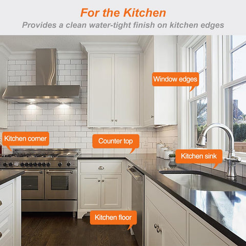 Modern kitchen with labels on window edges, countertop, sink, floor, and corner for waterproof self adhesive caulking tape for bathrooms and kitchens peel and stick sealant strip for toilet shower bathtub floor and tile edges corner trim and gap filler no mess.