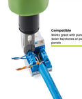 Pro Grade Impact Punch Down Tool With Blade For 110 IDC Termination in use with keystone jack and patch panel