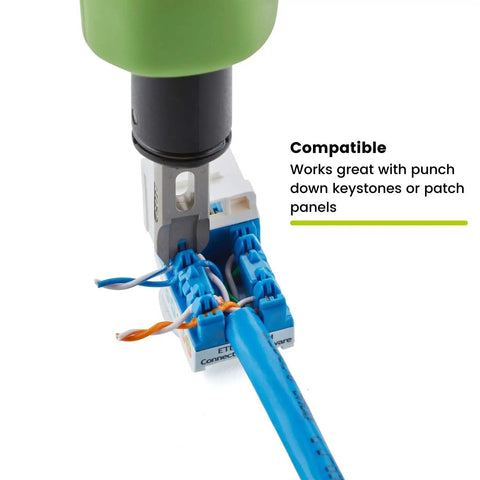 Pro Grade Impact Punch Down Tool With Blade For 110 IDC Termination in use with keystone jack and patch panel