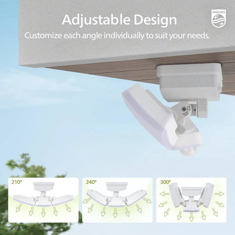 Big 3600 Lumen Solar Flood Lights With Separate Panel mounted under an eave, showcasing adjustable heads and wide angle coverage.