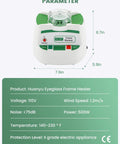 Eyeglass Frame Warmer With Four Temperature Settings 140-230 F, product parameters and dimensions displayed