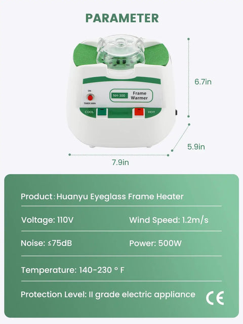 Eyeglass Frame Warmer With Four Temperature Settings 140-230 F, product parameters and dimensions displayed