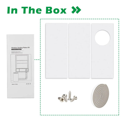 Easy Install 4 Inch Dryer Vent Window Kit With Adjustable Seal And Insulated Foam Strip for Sliding or Hung Windows package contents