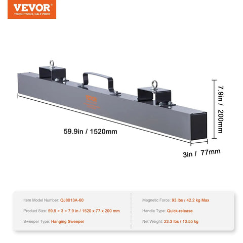 Absolute Beast 93 Pound Hanging Magnetic Sweeper Mounts To Forklifts And Overhead Rigs Heavy Duty metal pickup tool, 59.9in length.